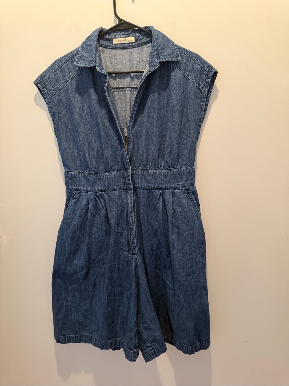 Zapelle Custom 100% Cotton Retro Sleeveless Denim Zip Romper in Dark Blue - Picture 3 of 7